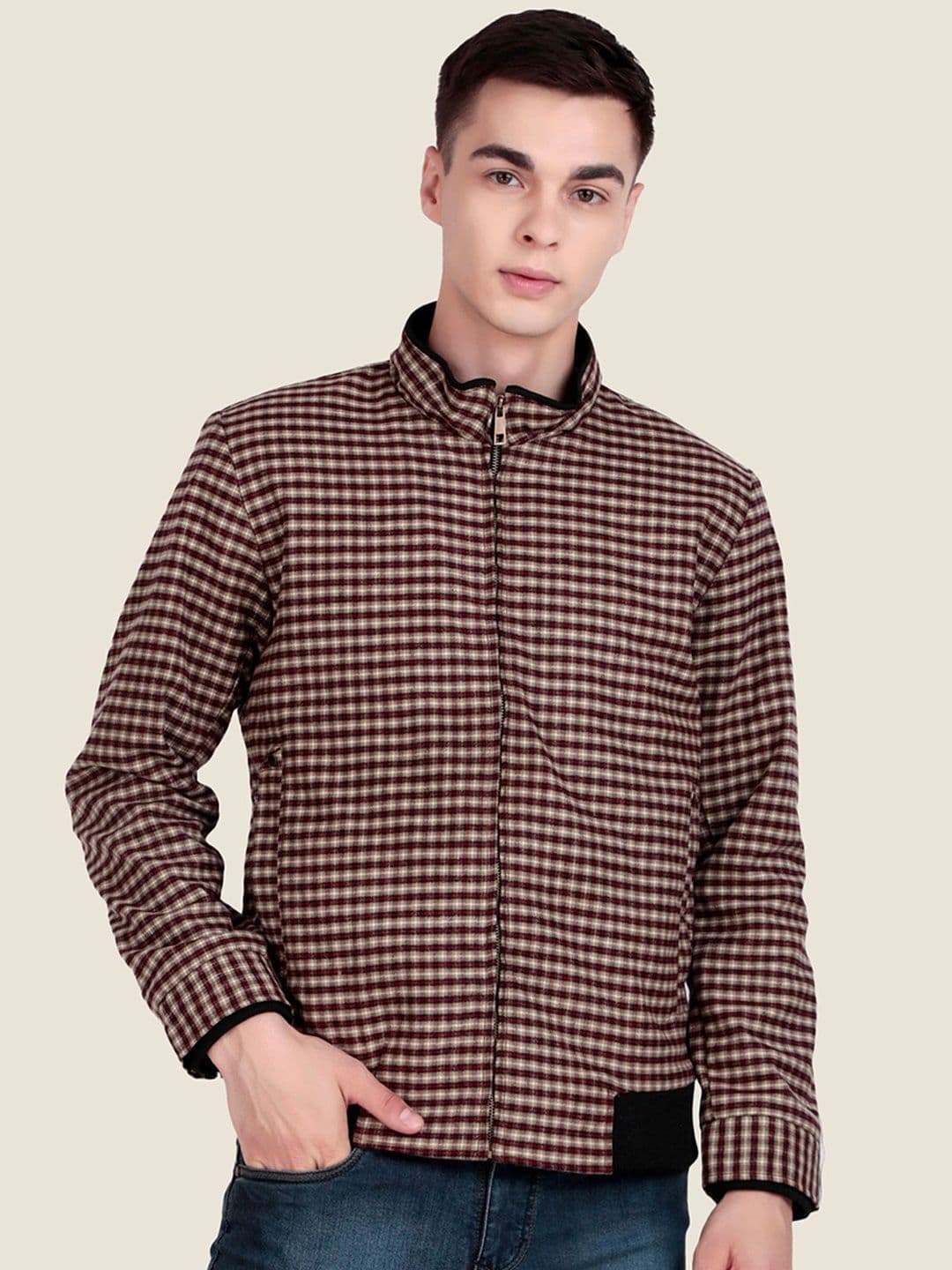 Leather Retail Men Mock Collar Checked Lightweight Tailored Woollen Jacket - view 1