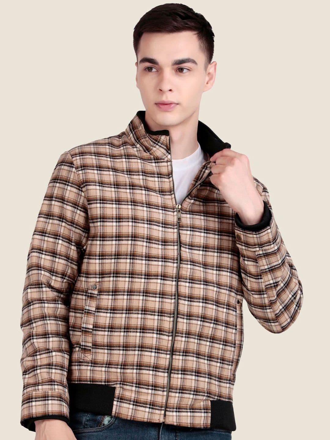 Leather Retail Men Mock Collar Checked Lightweight Tailored Woollen Jacket - view 1