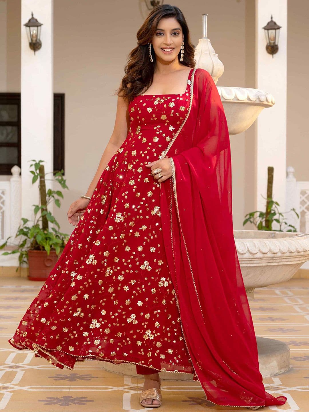 Anouk Rustic Floral Embroidered Square Neck Sequinned Anarkali Kurta With Trousers & Dupatta - view 1