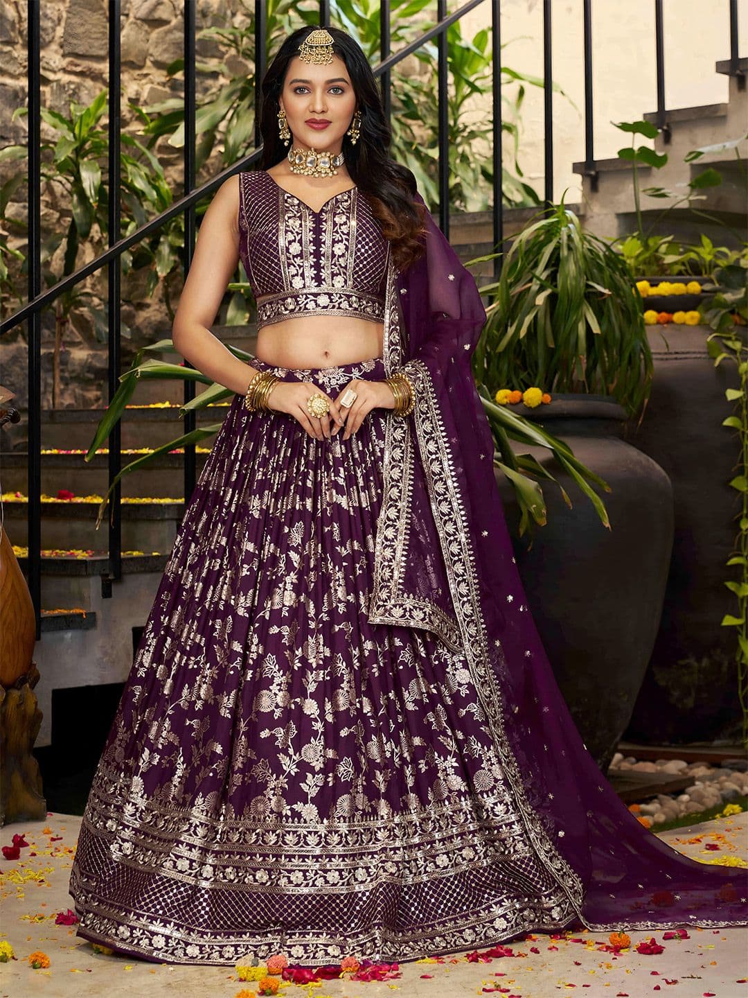 ETHNIC PLUS Sequinned Embroidered Silk Lehenga Choli With Dupatta - view 1