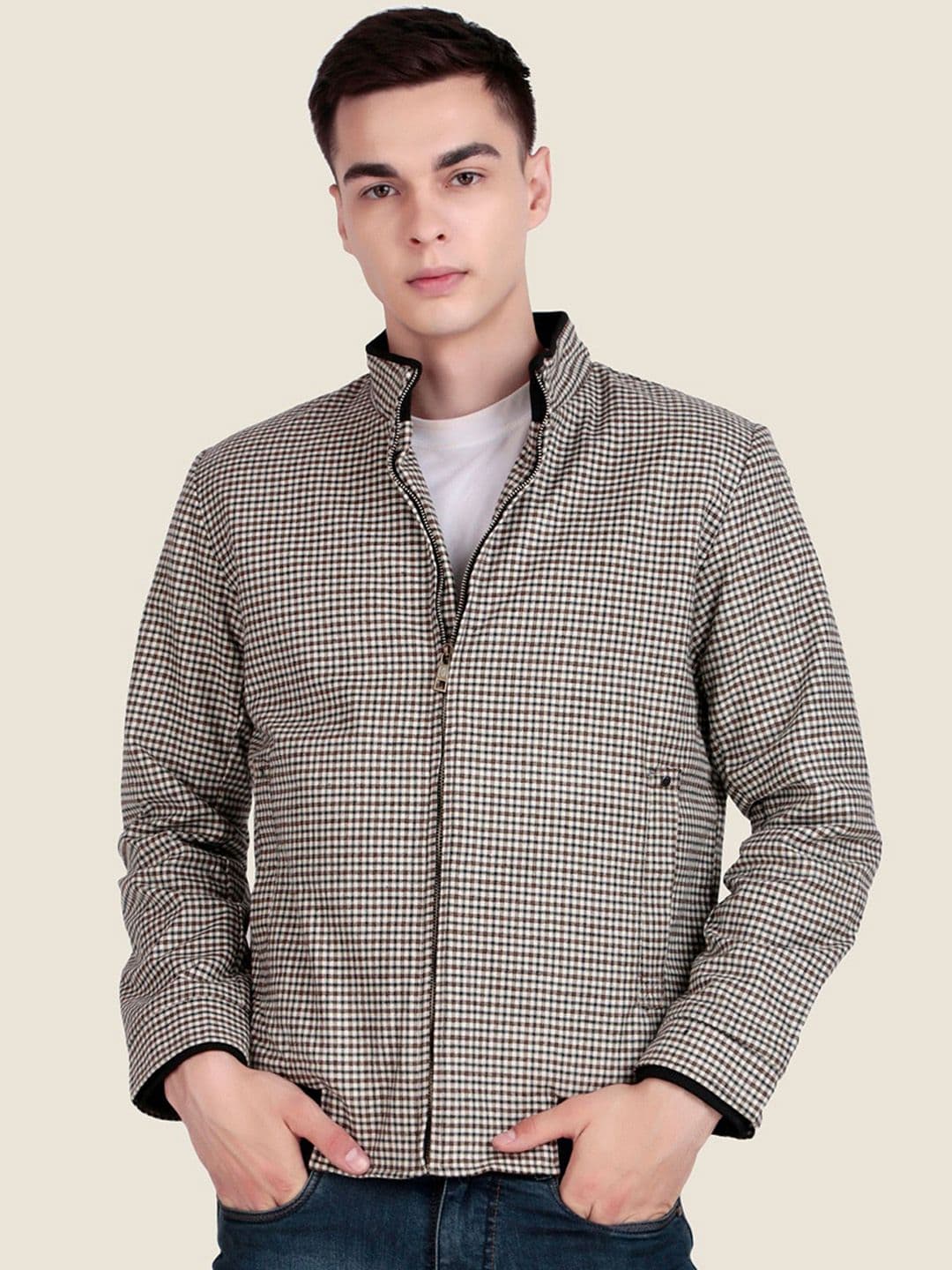 Leather Retail Men Mock Collar Checked Lightweight Tailored Jacket - view 1