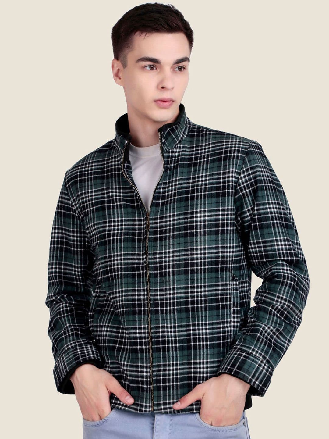 Leather Retail Men Mock Collar Checked Lightweight Tailored Jacket - view 1