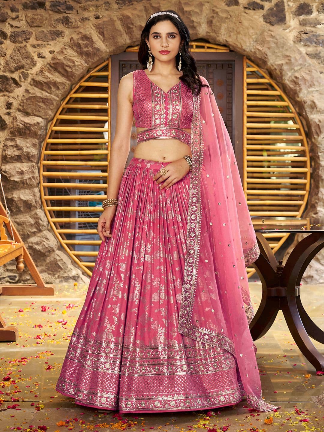 ETHNIC PLUS Sequinned Embroidered Silk Lehenga Choli With Dupatta - view 1