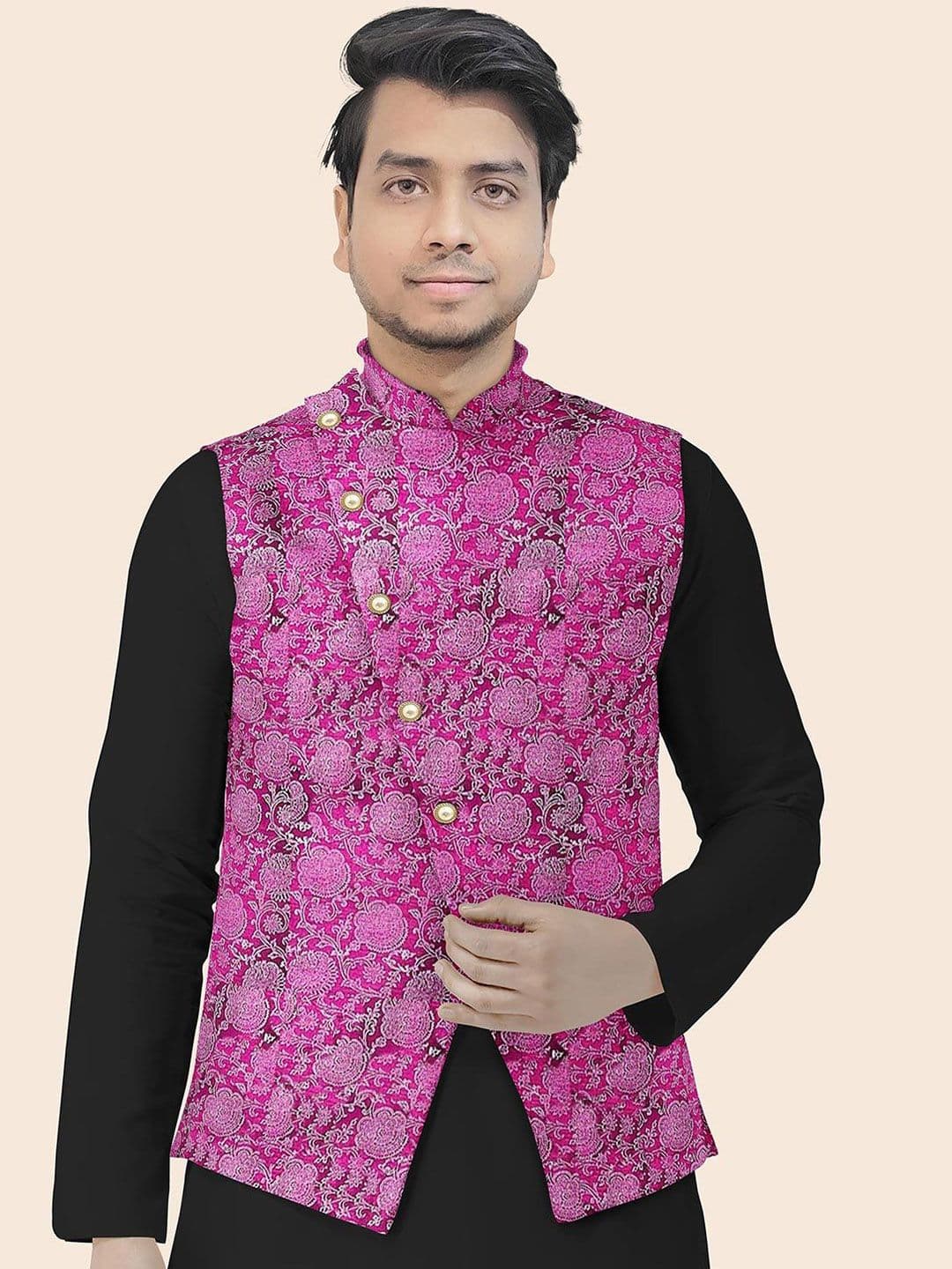 Utsav Fashion Block Printed Art Silk Nehru Jacket in Magenta - view 1