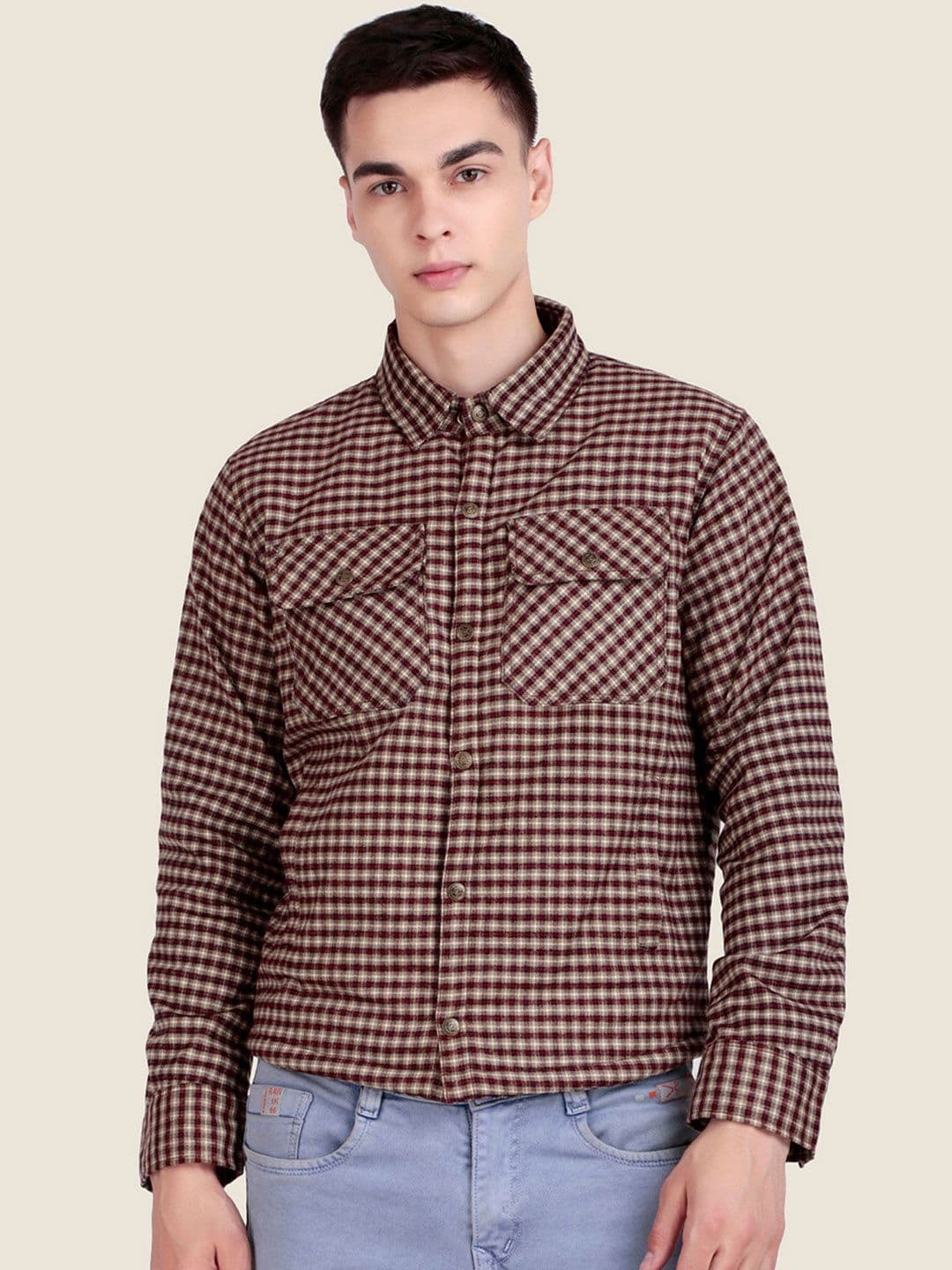 Leather Retail Men Spread Collar Checked Lightweight Tailored Woollen Jacket - view 1
