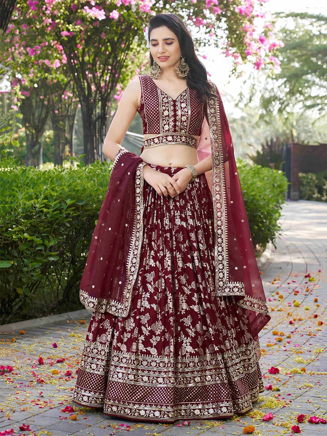 ETHNIC PLUS Embroidered Maroon Jacquard Woven Design Silk Semi-Stitched Lehenga & Choli With Dupatta - view 1