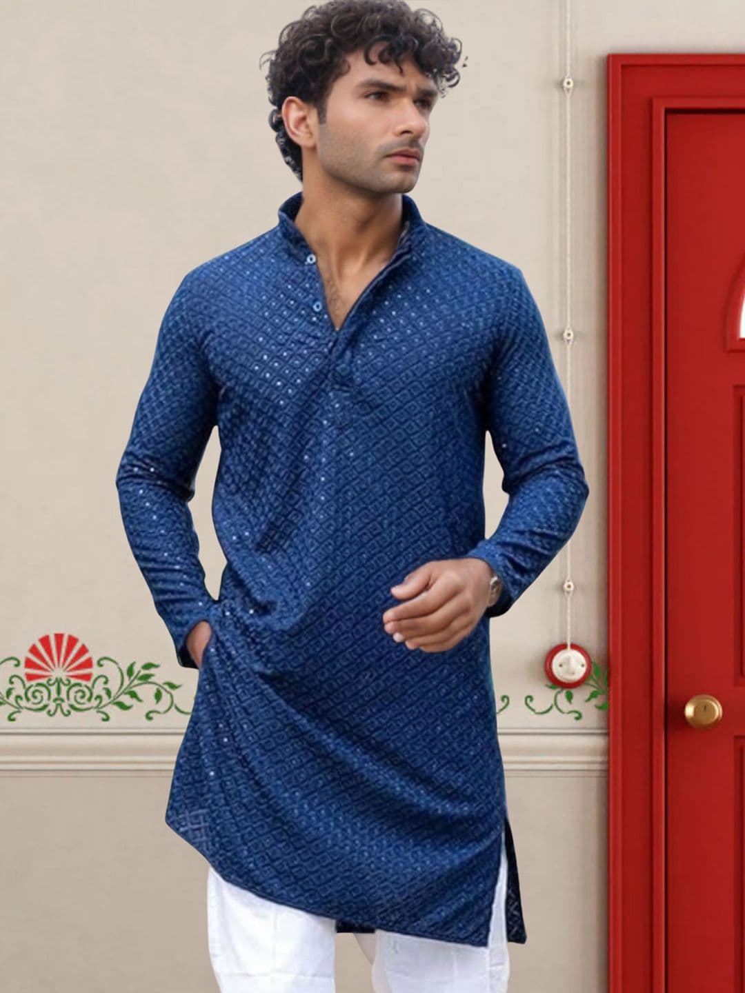 BAESD Men Ethnic Motifs Sequins Embroidered Mandarin Collar Kurta - view 1