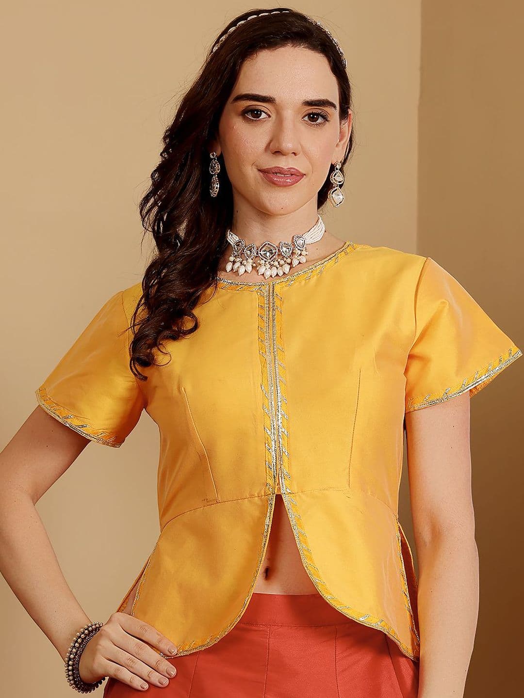 Frolic Rolic Women Lace-Detail Round Neck Short Sleeves Saree Blouse - view 1