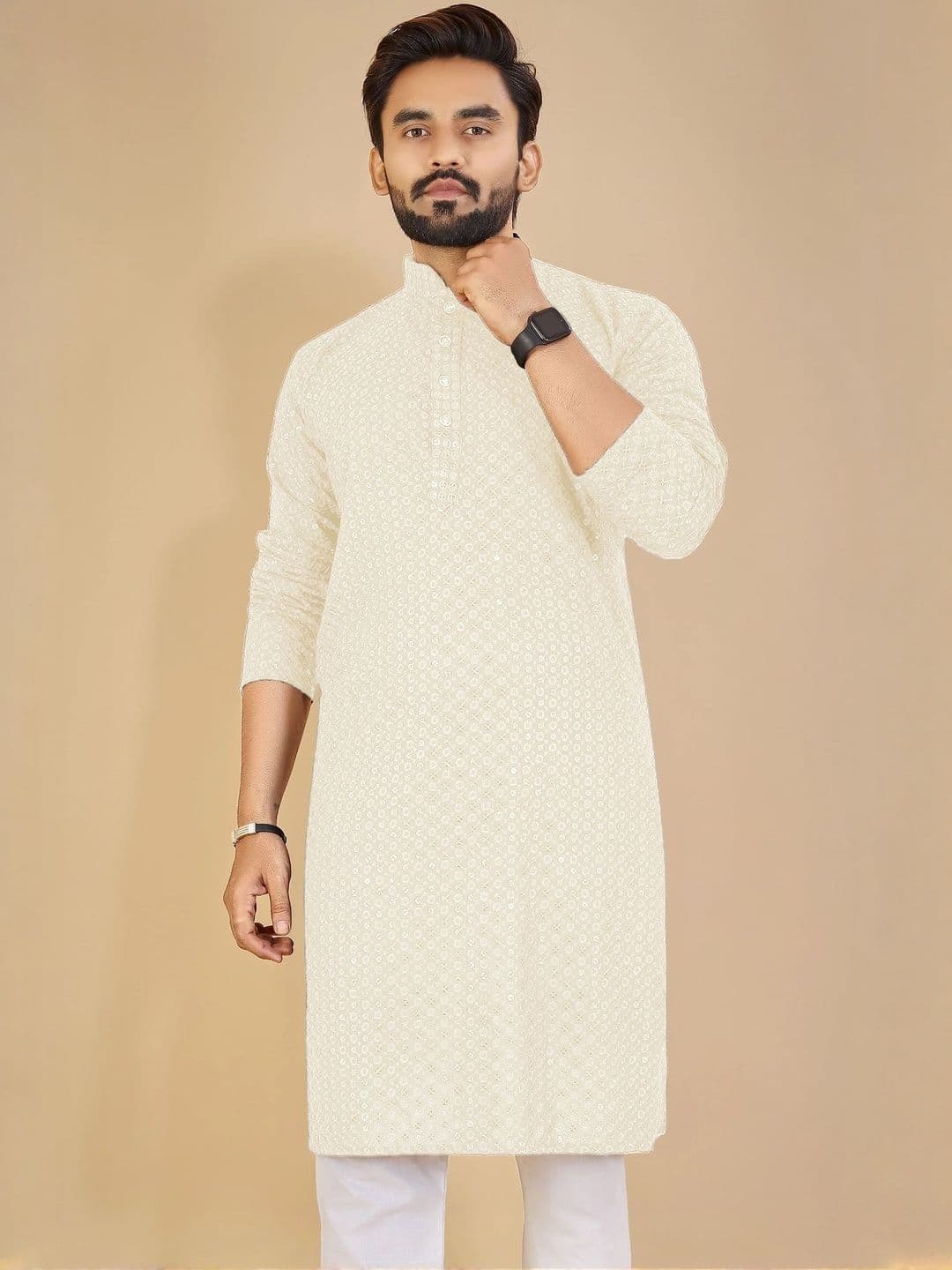 ORIFAB Men Off White Cotton Kurtas - view 1