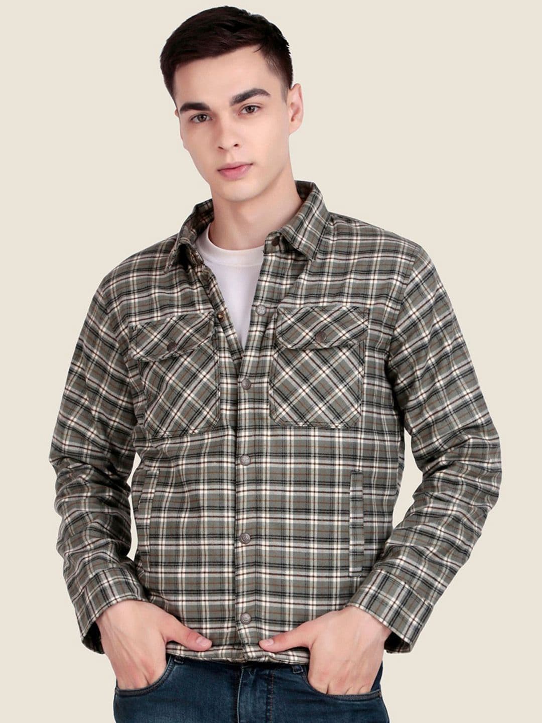 Leather Retail Men Spread Collar Checked Lightweight Tailored Woollen Jacket - view 1