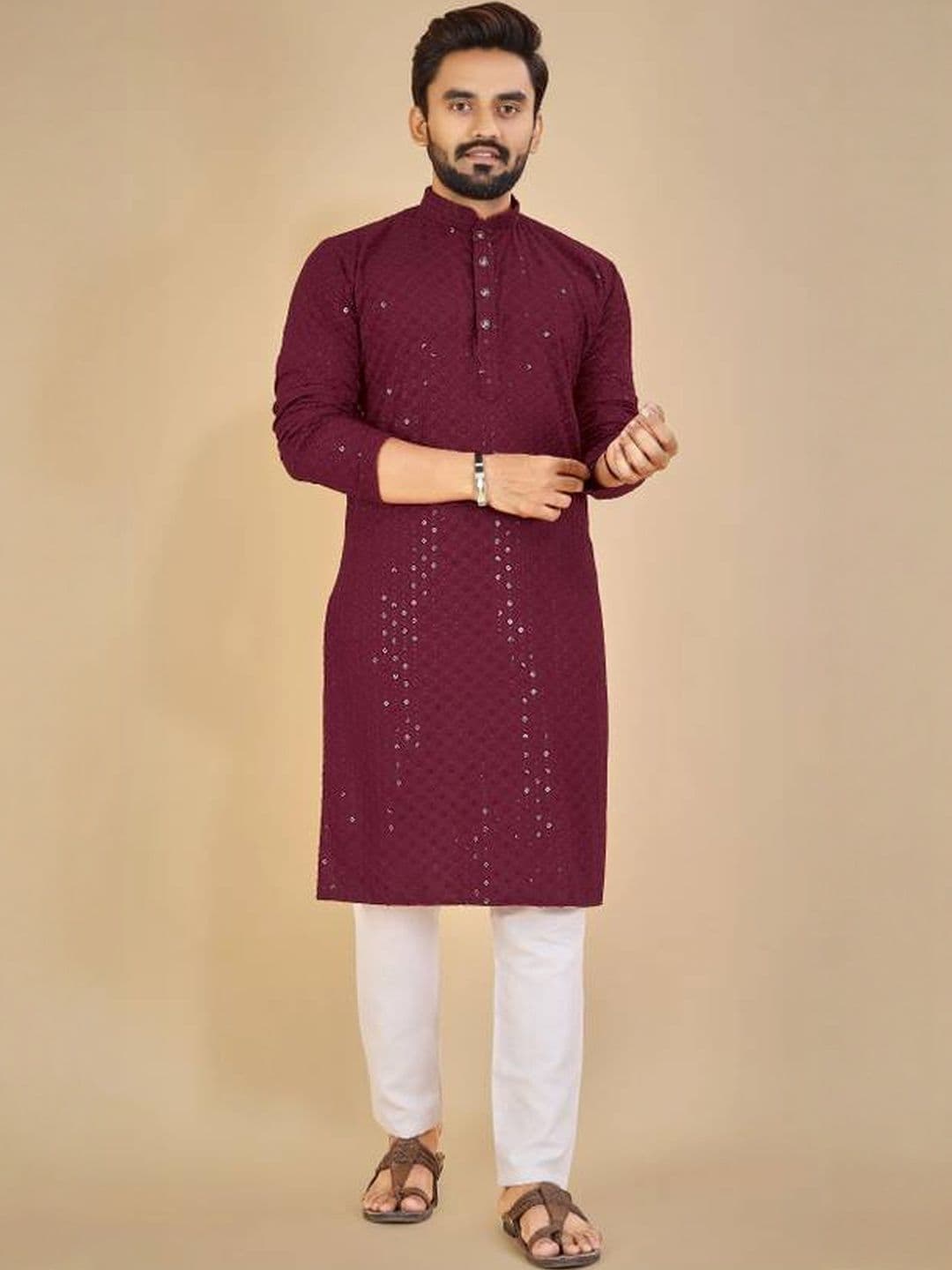 ORIFAB Men Maroon Cotton Kurtas - view 1