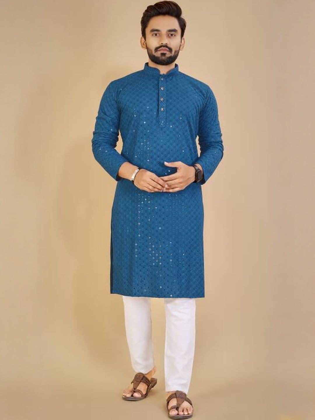 ORIFAB Men Blue Cotton Long Sleeves Kurta - view 1