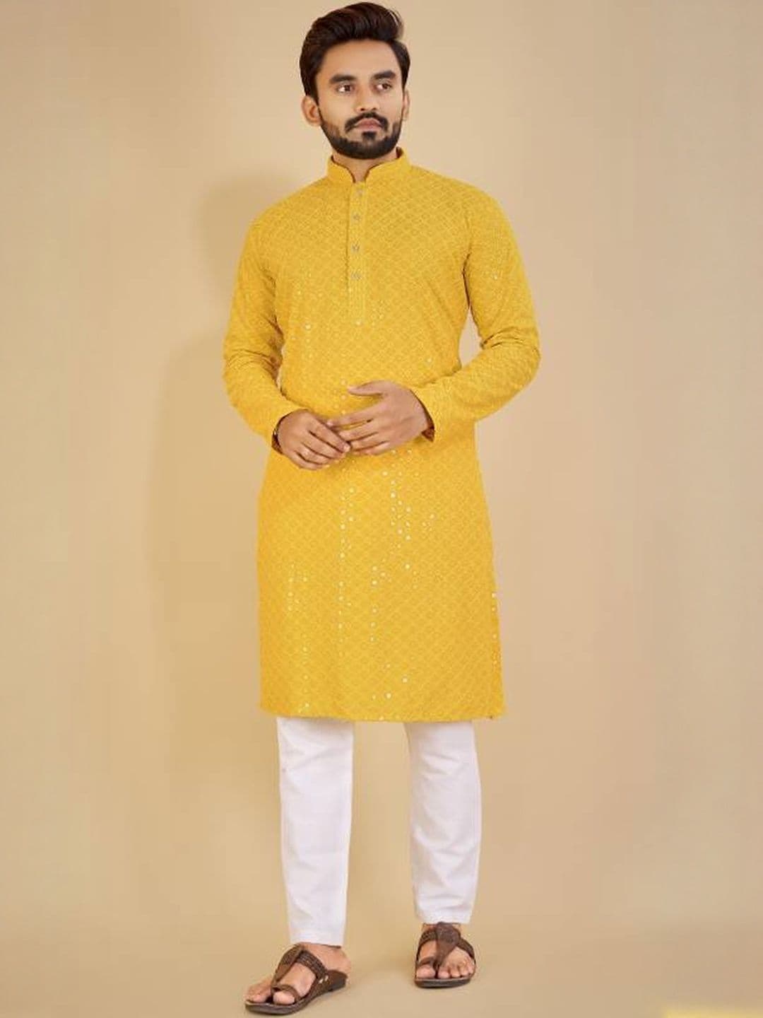 ORIFAB Men Yellow Cotton Kurtas - view 1