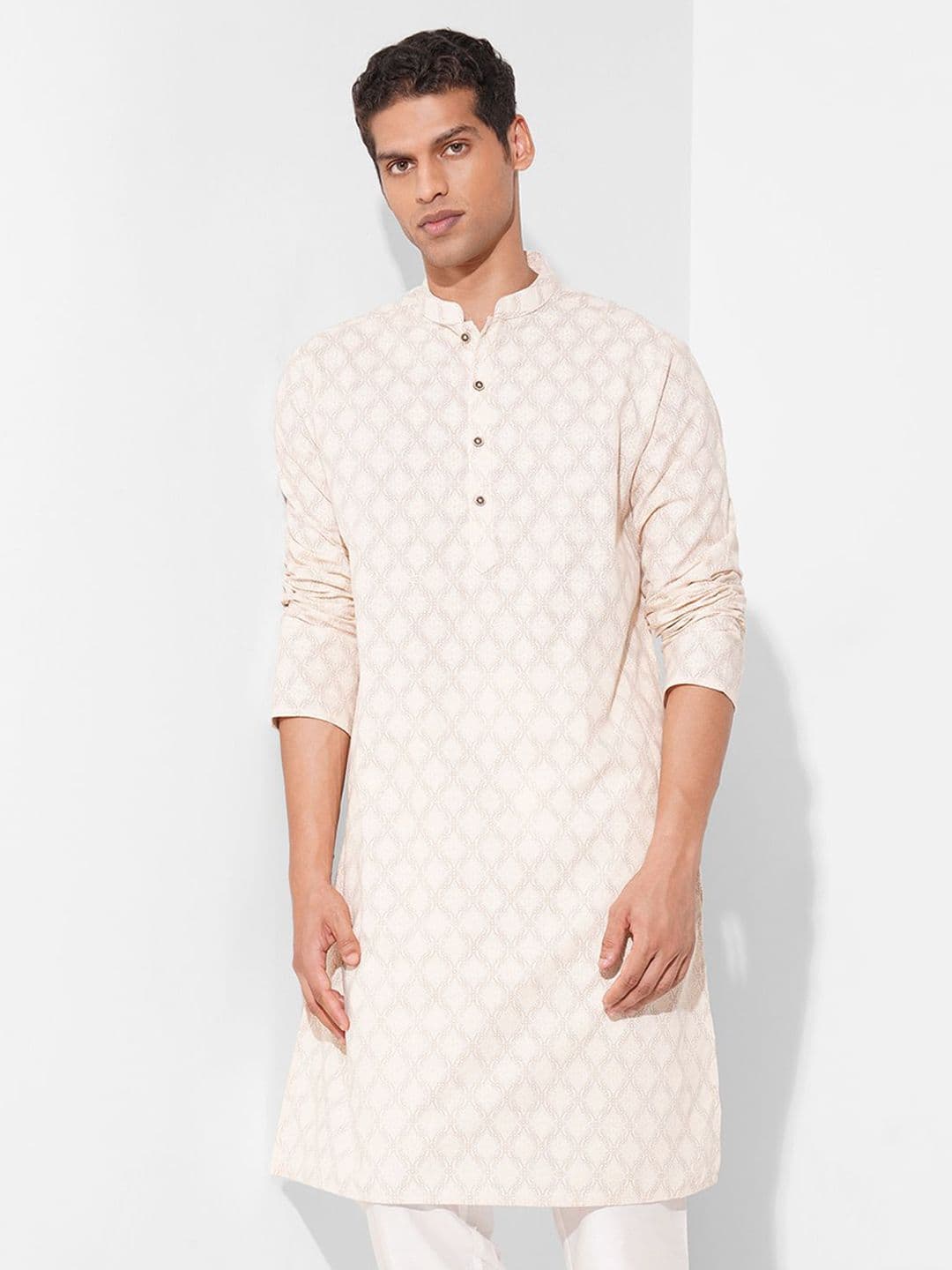 indus route by Pantaloons Ethnic Motifs Printed Mandarin Collar Pure Cotton Straight Kurta - view 1