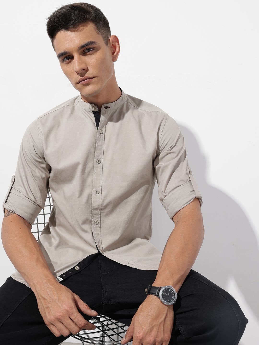 The Roadster Life Co. Band Collar Roll-Up Sleeves Pure Cotton Casual Shirt - view 1
