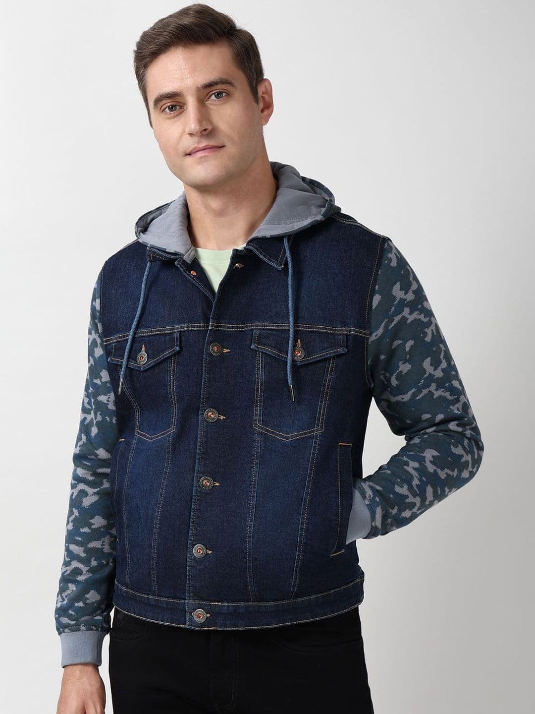 Peter England Casuals Men Hooded Washed Solid Open Front Jacket - view 1