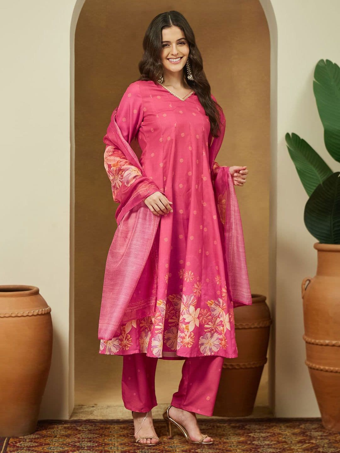 Janasya Women Pink Cotton Floral Printed Anarkali Kurta Set - view 1