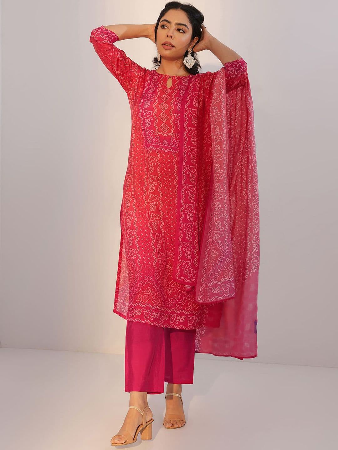 Libas Bandhani Printed Keyhole Neck Straight Kurta With Trousers & Dupatta - view 1