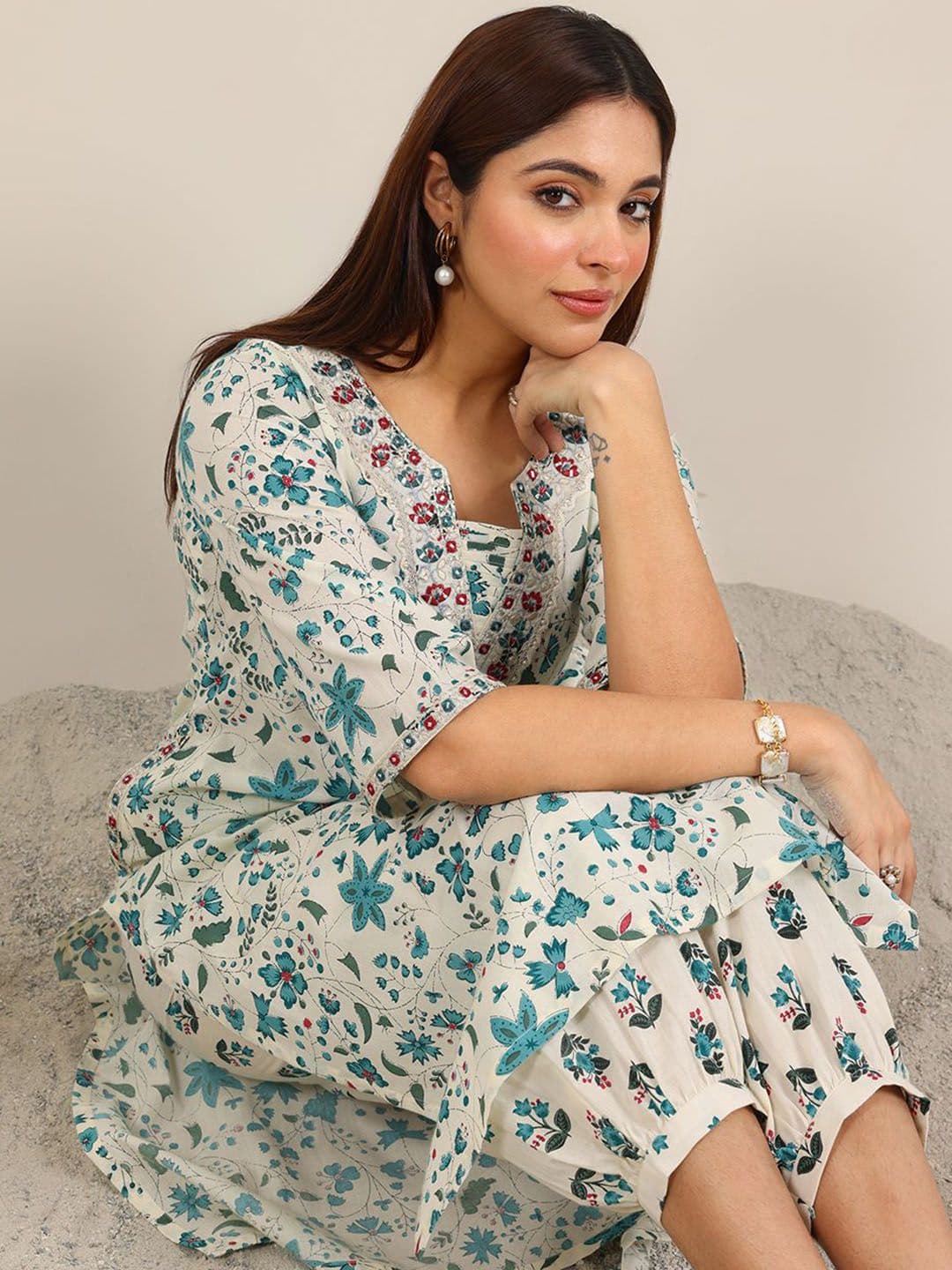 Libas Floral Printed Regular Mirror Work Kurta With Salwar - view 1