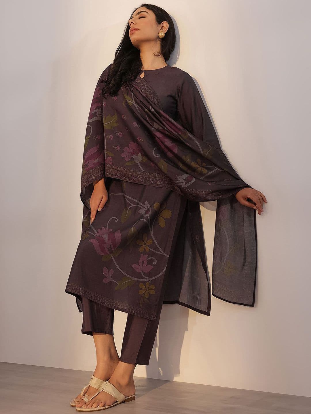 Libas Floral Printed Keyhole Neck Straight Kurta With Trousers & Dupatta - view 1