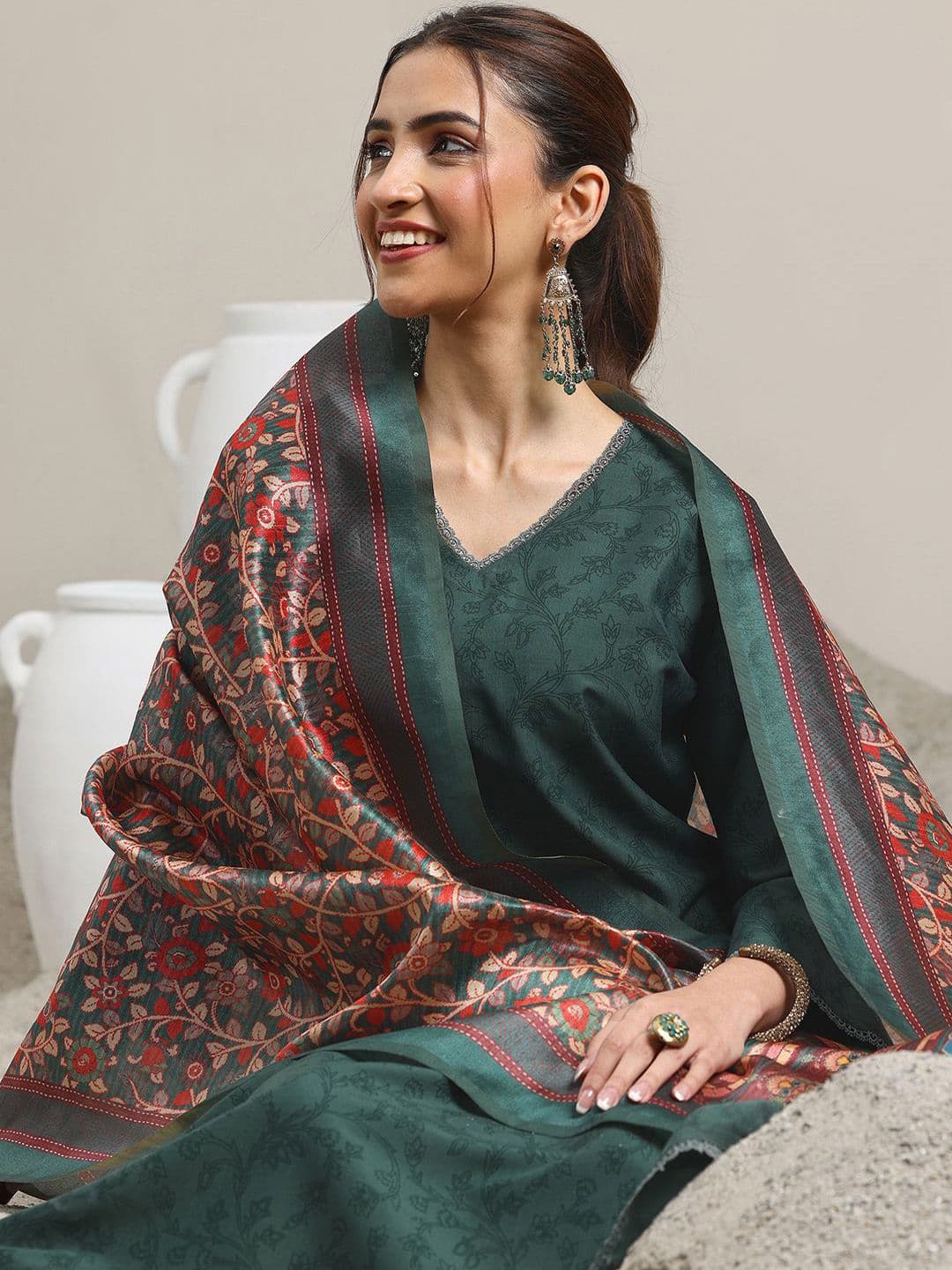 Libas Floral Printed V-Neck Flared A-Line Kurta With Trousers & Dupatta - view 1