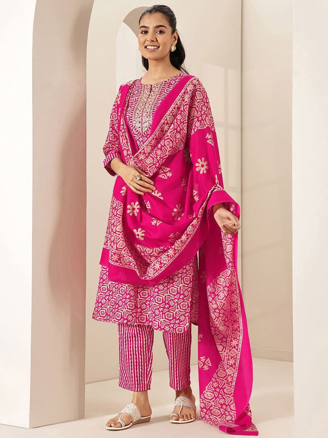 Gerua By Libas Women Ethnic Motifs Printed Regular Mirror Work Kurta & Trousers With Dupatta - view 1