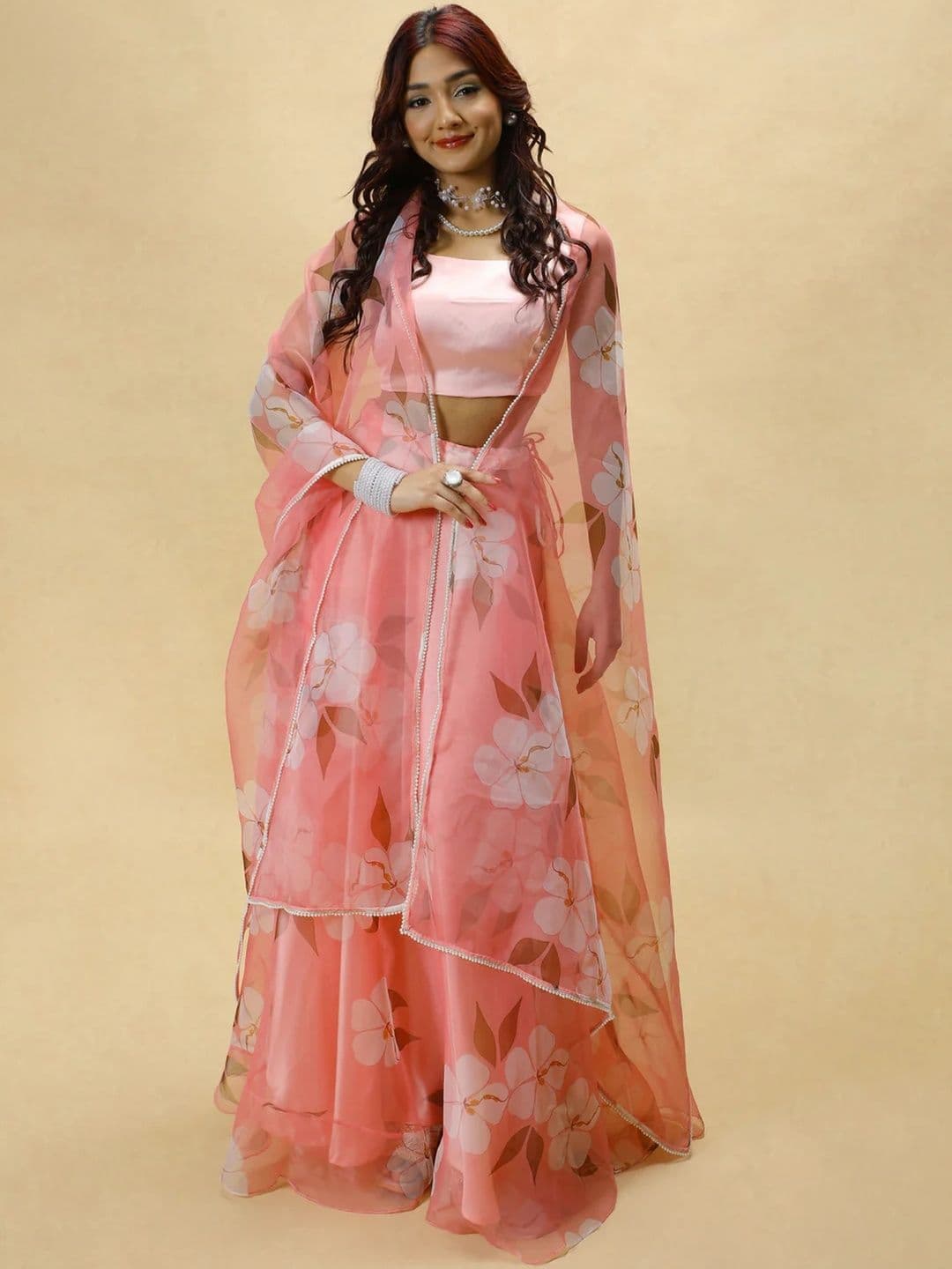 KALINI Women Red Printed Semi-Stitched Lehenga & Ready to Wear Blouse With Dupatta - view 1
