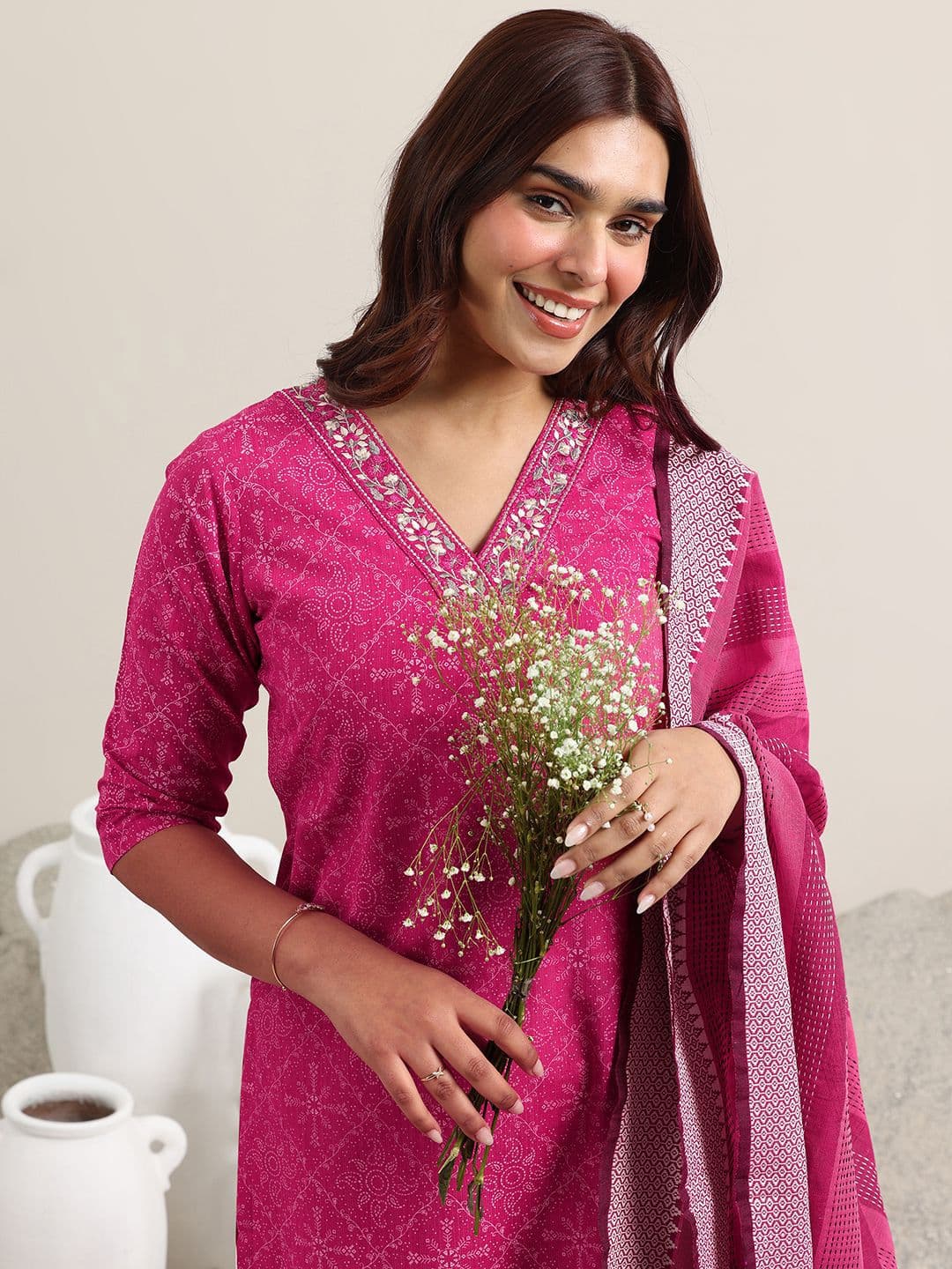 Gerua By Libas Ethnic Motifs Printed V-Neck Thread Work Straight Kurta With Trousers & Dupatta - view 1
