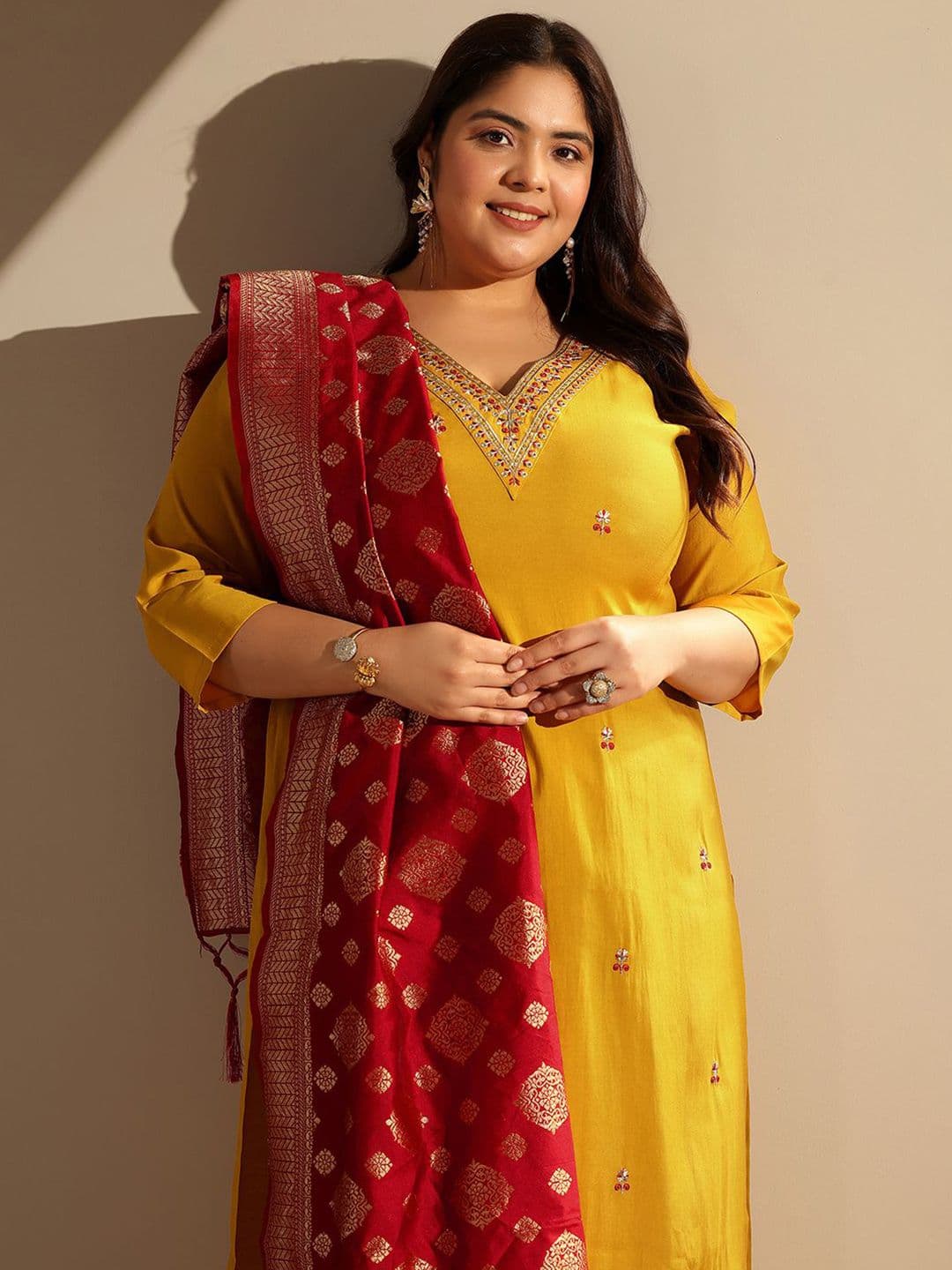 EXTRA LOVE BY LIBAS Women Plus Size Embroidered Kurta with Trousers & Dupatta - view 1