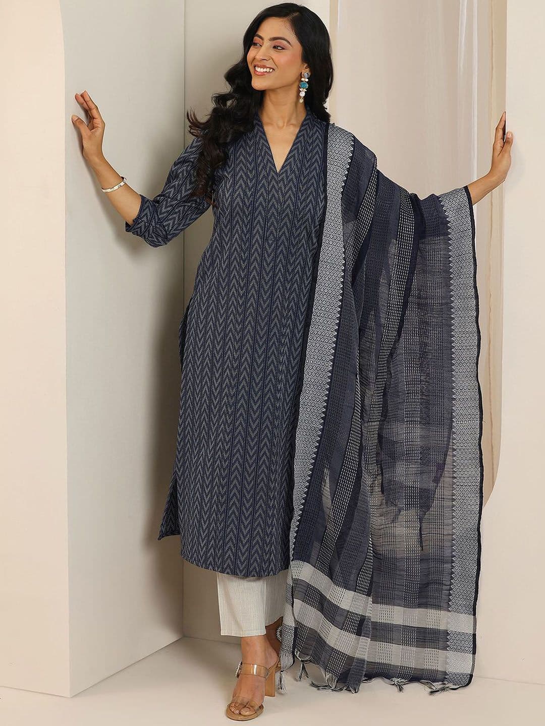 Libas Chevron Woven Design V Neck Straight Kurta With Trousers & Dupatta - view 1