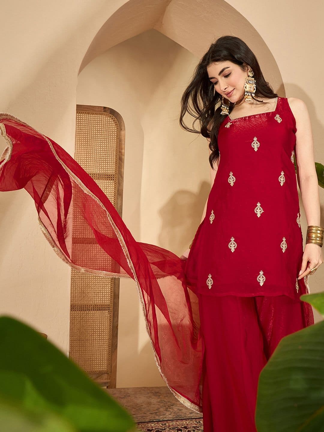 Sangria Women Silk Blend Embroidered Kurta Sets With Dupatta - view 1