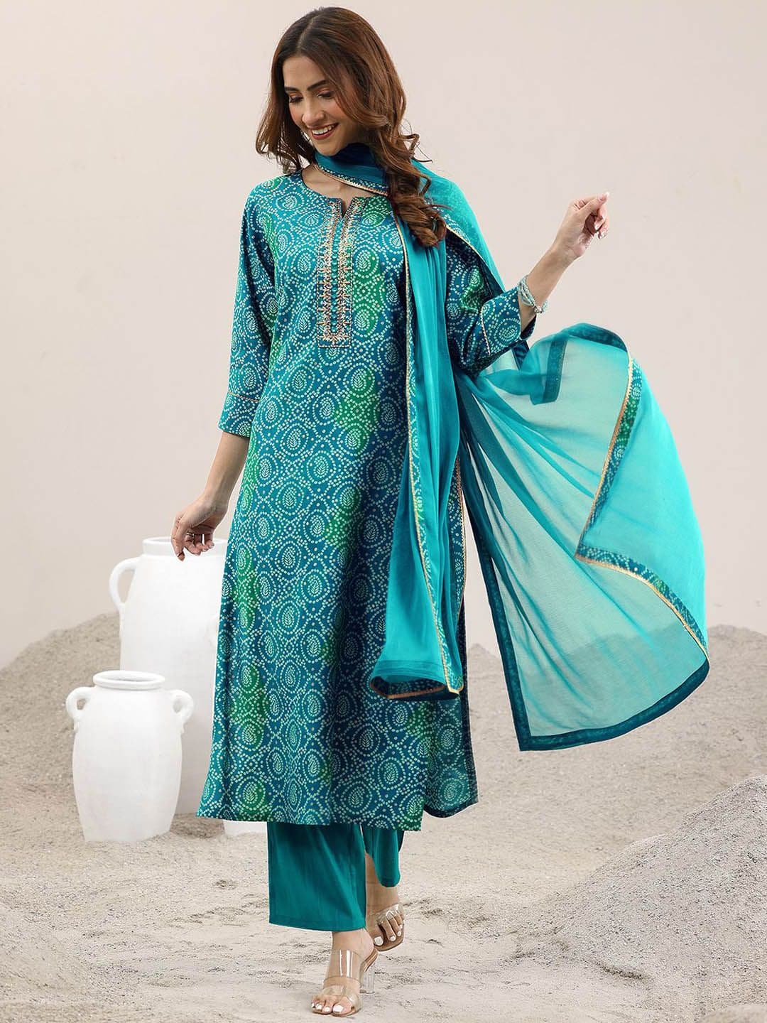 Libas Women Bandhani Printed Gotta Patti Kurta with Trousers & Dupatta - view 1