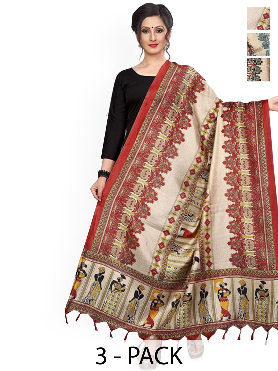 Kemza Selection Of 3 Ethnic Motifs Madhubani Dupattas - view 1
