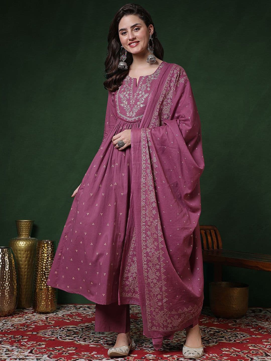Sangria Floral Printed Pure Cotton Anarkali Kurta & Trousers With Dupatta - view 1