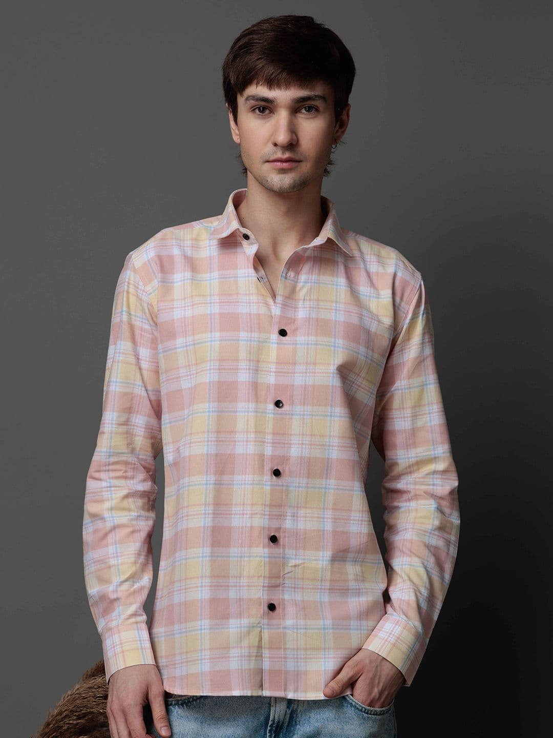 Foomer Men Standard Fit Tartan Checked Spread Collar Cotton Casual Shirt - view 1