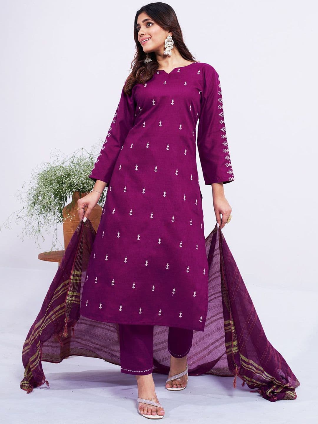 ARADHNA Women Ethnic Motifs Embroidered Regular Thread Work Kurta & Trousers With Dupatta - view 1