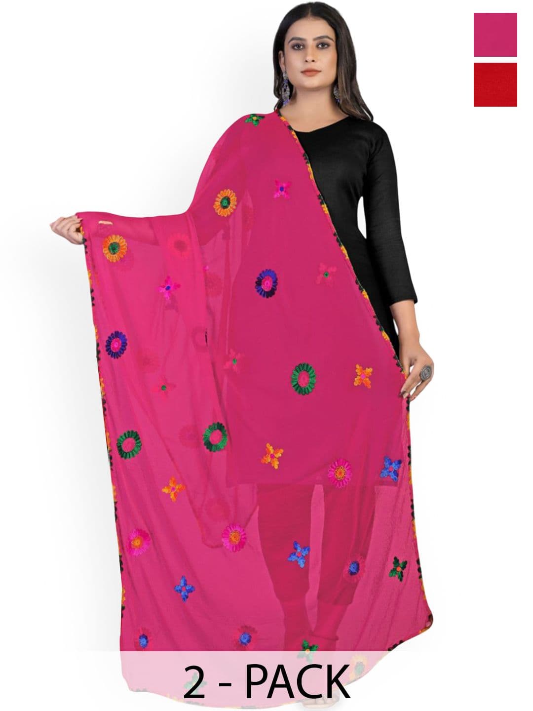 Kemza Selection Of 2 Phulkari & Floral Embroidery Chiffon Dupattas - view 1