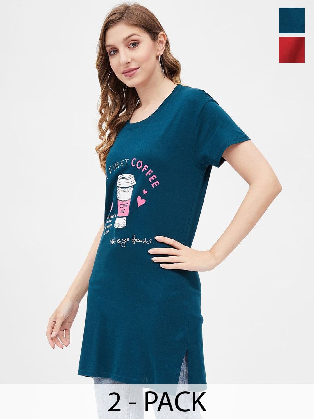 Christy World Women Pack Of 2 Printed Round Neck Long Lounge T-Shirts - view 1