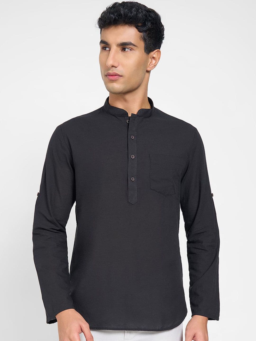 indus route by Pantaloons Mandarin Collar Long Sleeves Pure Cotton Short Kurta - view 1