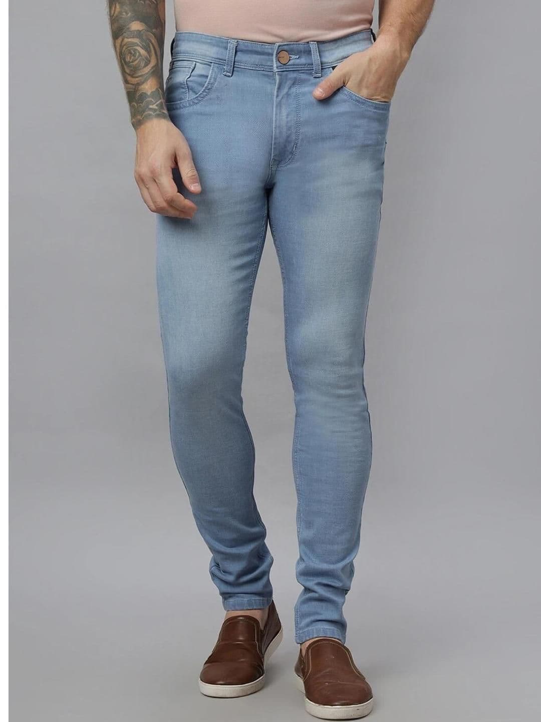 RJ Denim Men Narrow Fit Mid-Rise Stretchable Light Blue Cotton Jeans - view 1