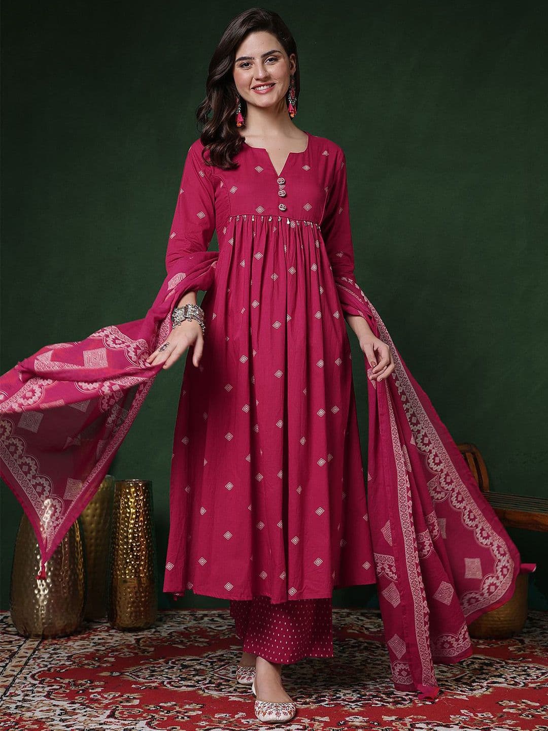 Sangria Geometric Printed Notch Neck Beads & Stones Anarkali Kurta With Palazzo & Dupatta - view 1