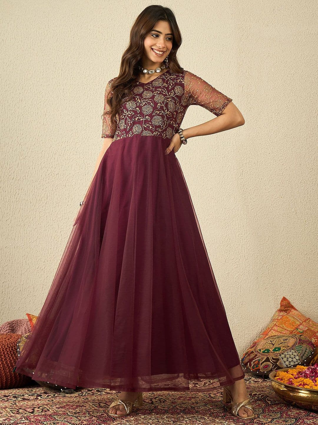 Inddus Women Floral Embellished Sequinned Fit & Flared Ethnic Maxi Dress - view 1
