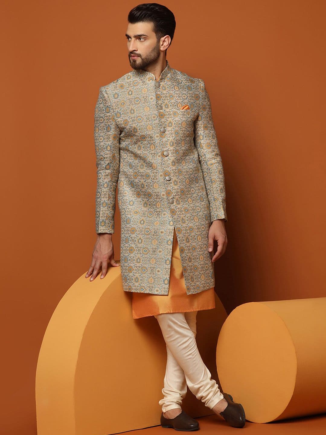 KISAH Men Self-Design Cotton Indowestern Sherwani Set