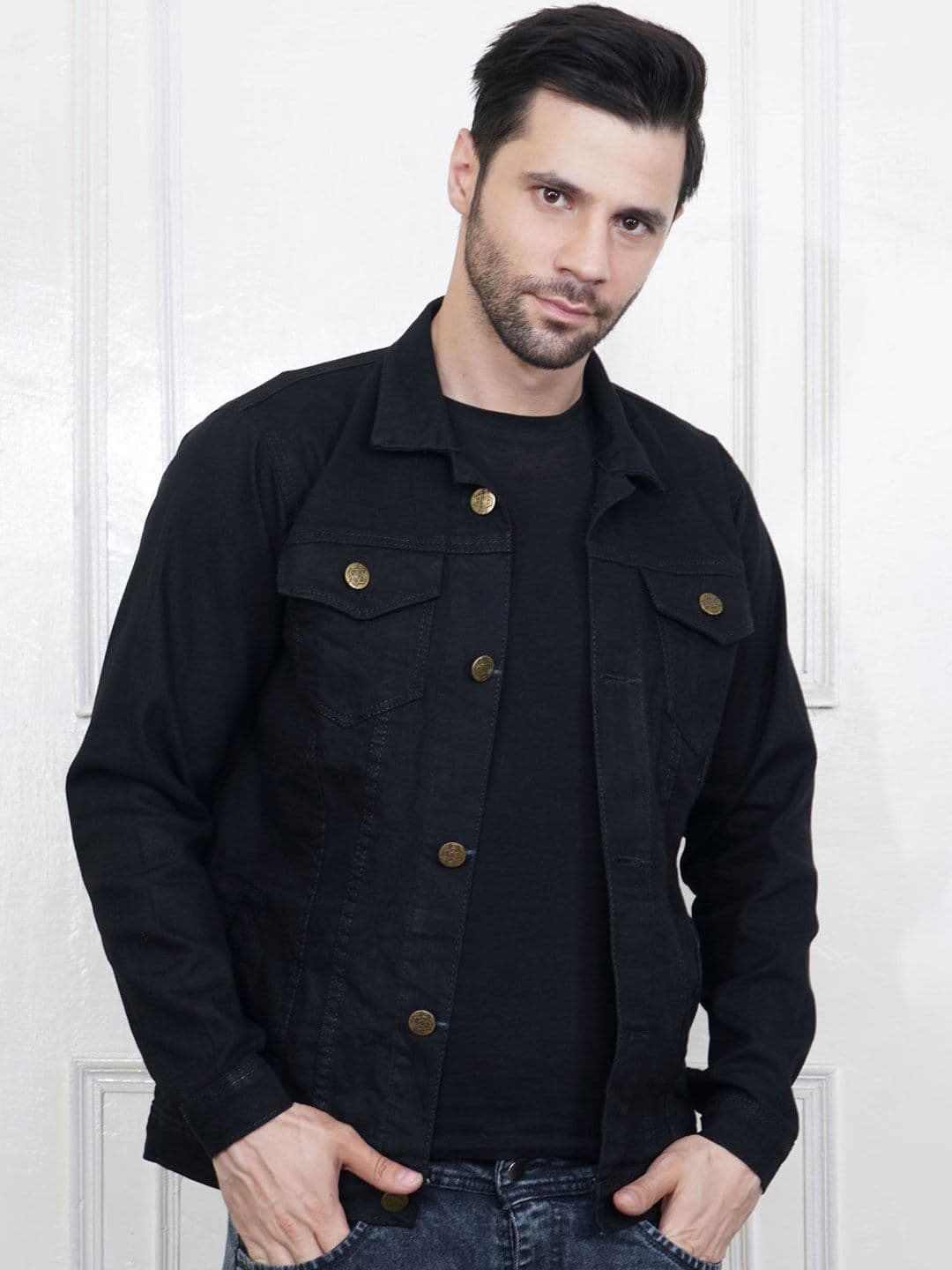 MaverIQ Men Spread Collar Solid Denim Jacket - view 1