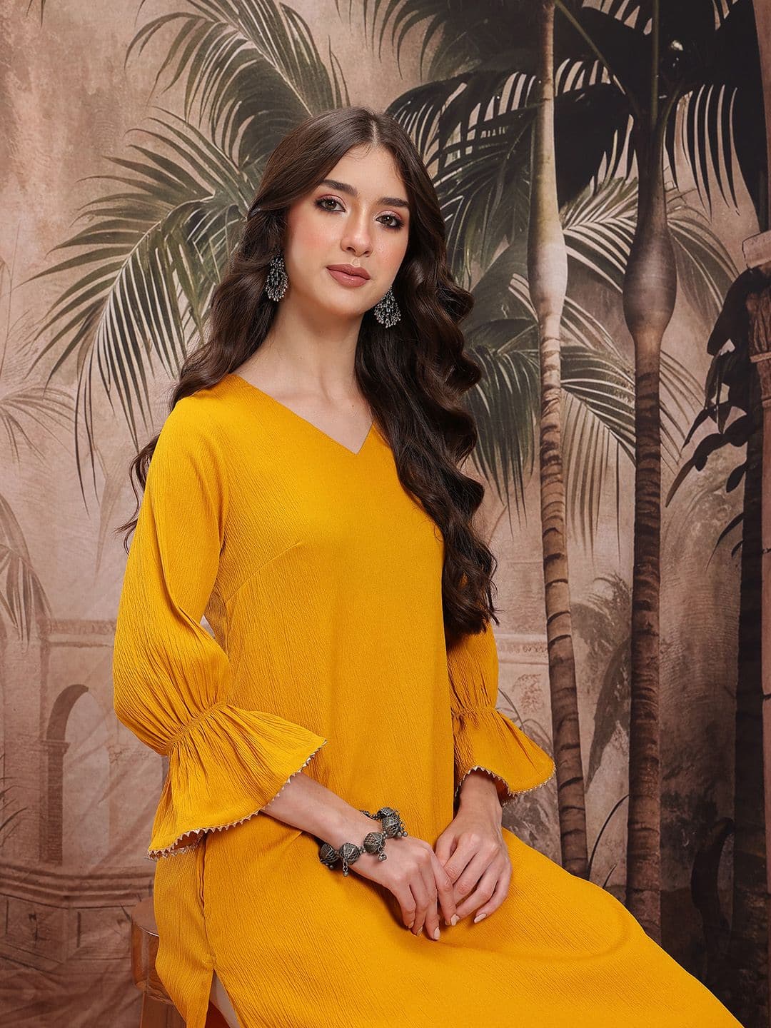 Sangria Crinkled Effect V-Neck Gotta Patti Detail Bell Sleeves A-Line Kurta - view 1