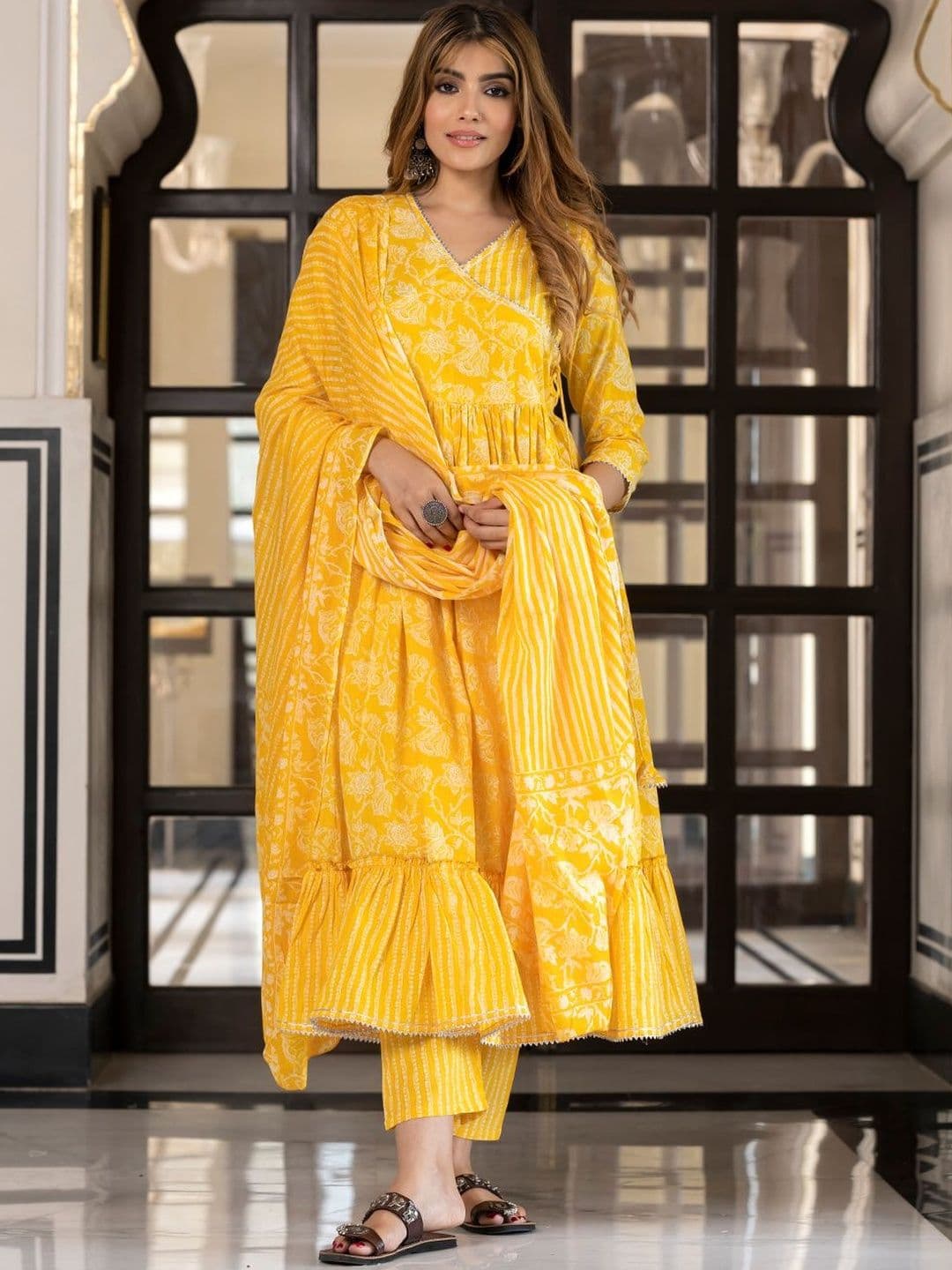 Kalini Women Yellow Pure Cotton Anarkali Kurta & Bottom With Dupatta - view 1