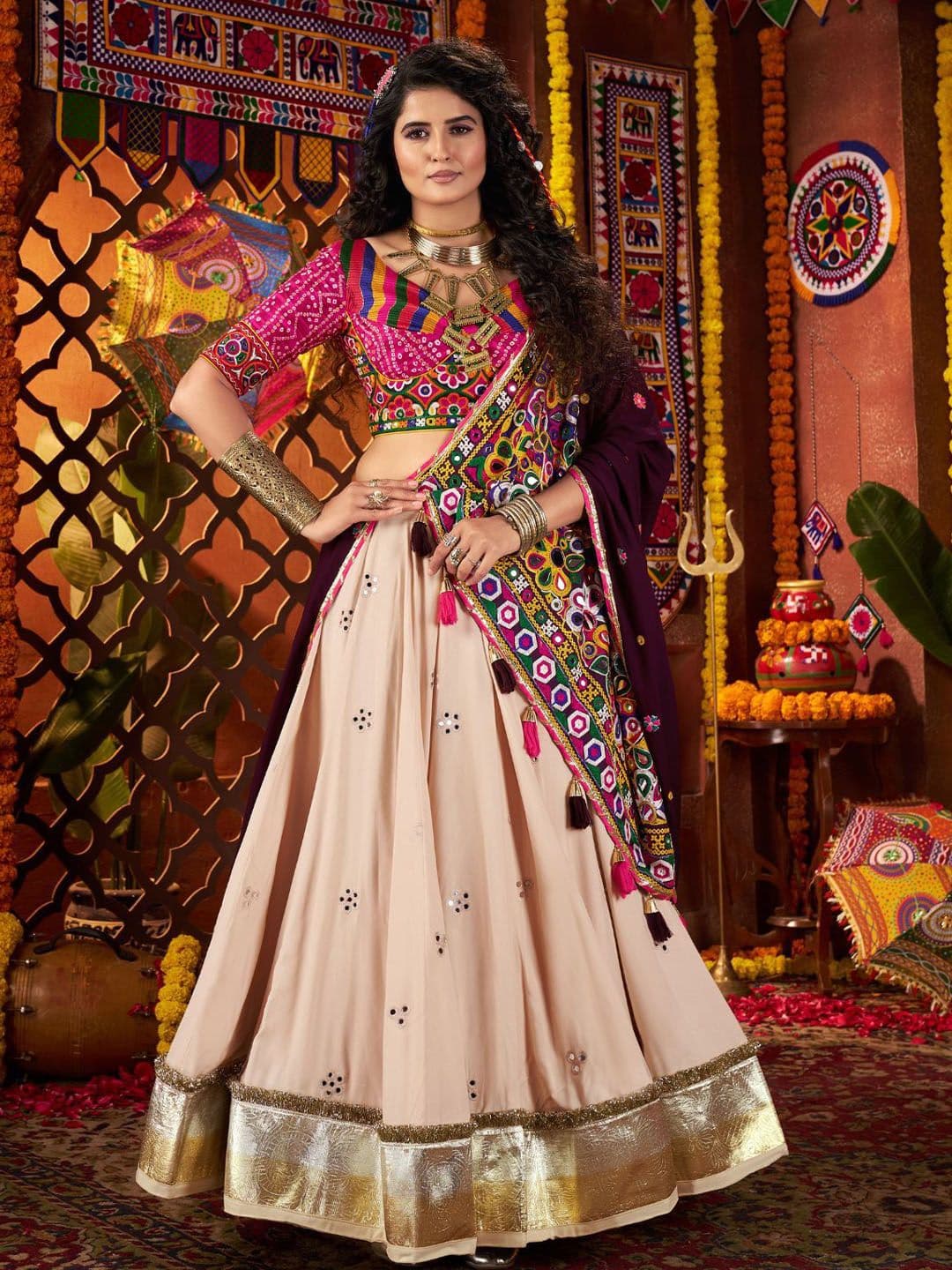 ODETTE Embroidered Mirror Semi-Stitched Lehenga & Unstitched Blouse With Dupatta - view 1