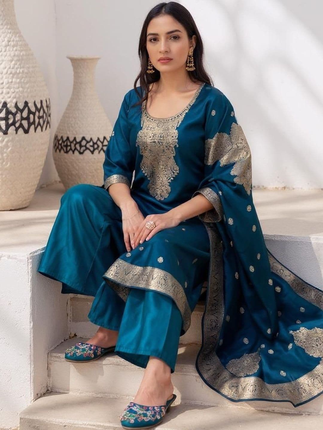 Twika Women Ethnic Motifs Woven Design Kurta with Palazzos & Dupatta - view 1