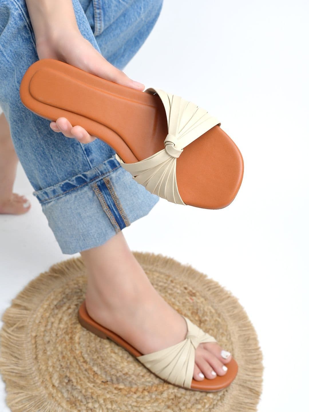 SZN Women Cream Solid Open Toe Synthetic Casual Slip-On Flats - view 1