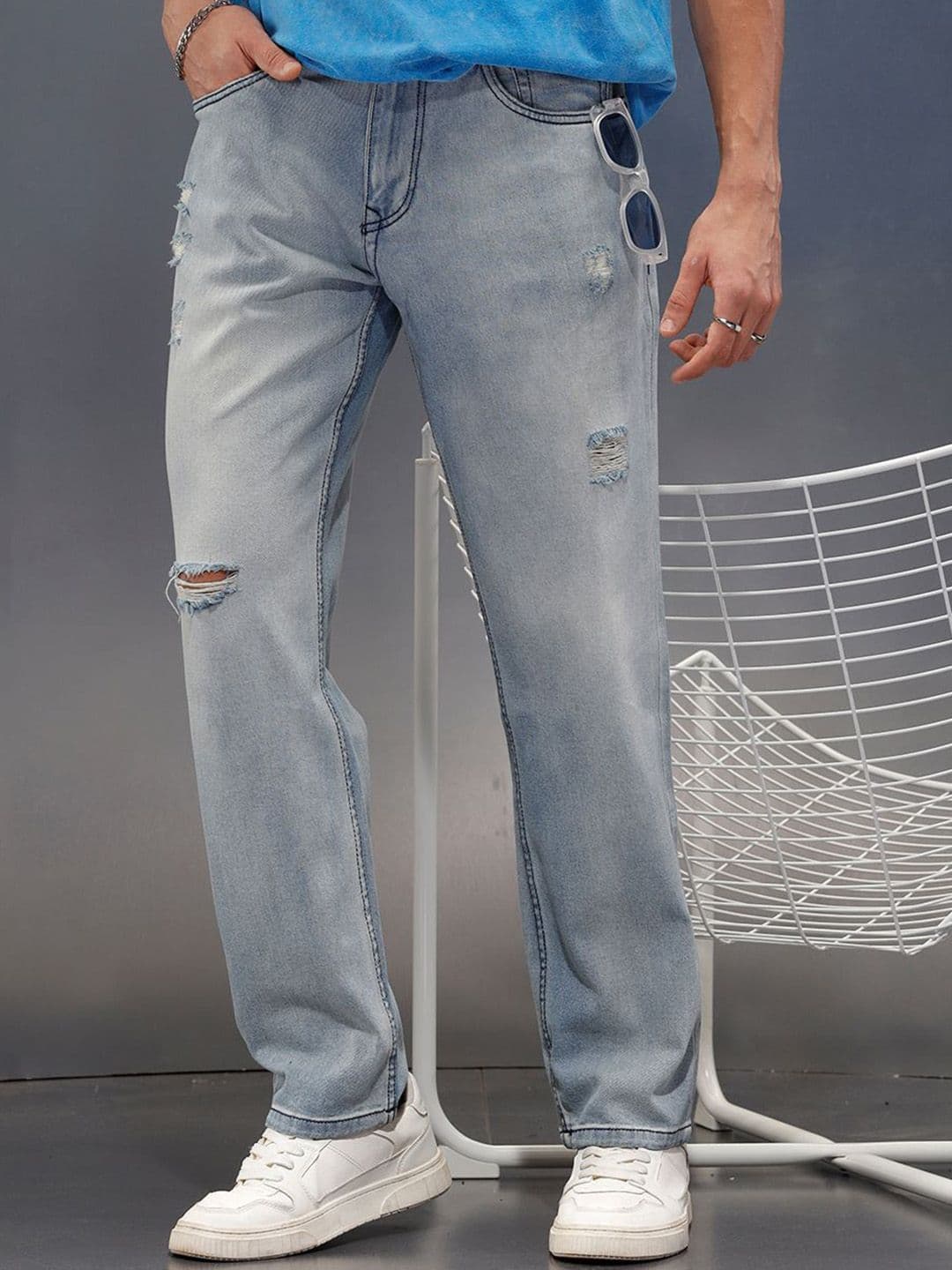 WROGN Men Straight Fit Mid-Rise Mildly Distressed Light Fade Jeans - view 1